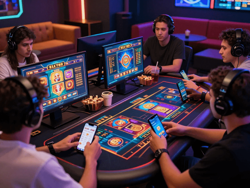 Players enjoying a colorful online casino experience with SLOT88 apk interface actively displayed.