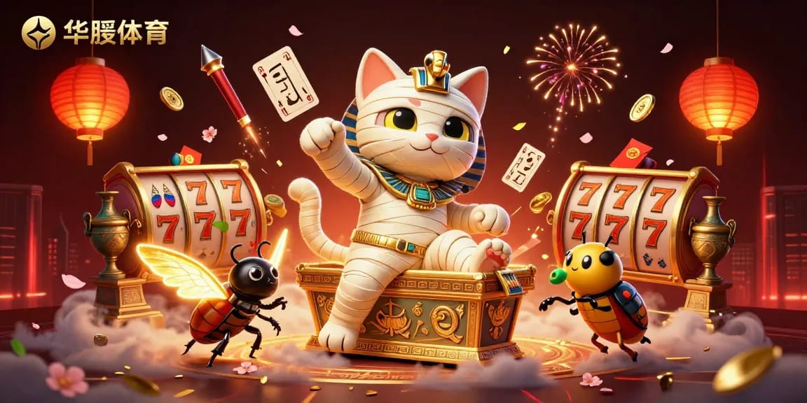 在华体会体育的主题场景中，一只埃及木乃伊猫伴随着发光的金色甲虫，伴有丰富的赌场元素。