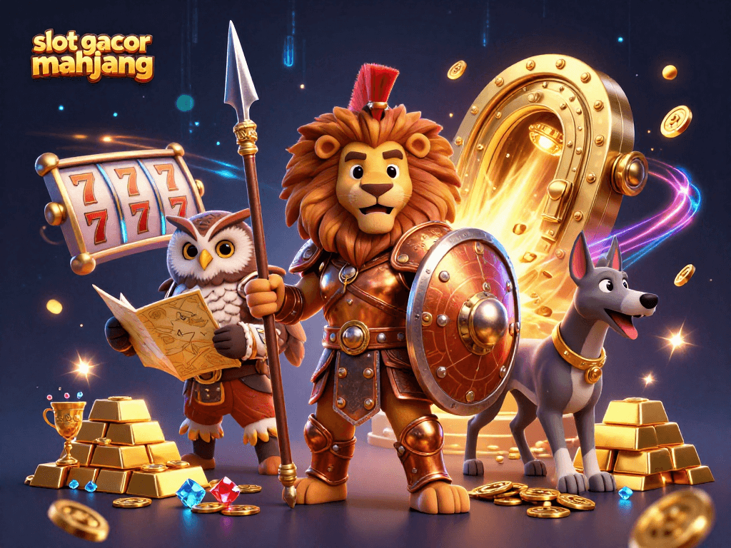 Engage with slot gacor mahjong in a vibrant 3D casino scene featuring dynamic characters and casino elements.