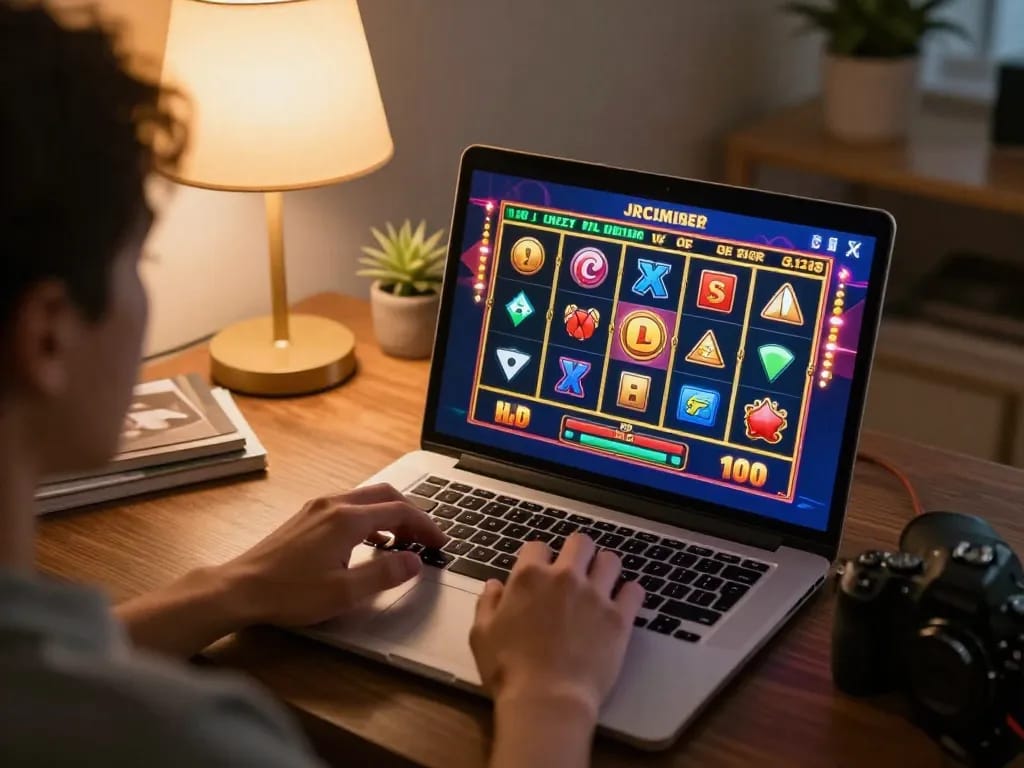 A player enjoying aman788 online slots on their laptop in a cozy home setting.