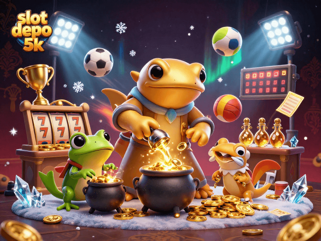 Engage with slot depo 5k - a vibrant 3D scene of a golden salamander with sports elements.