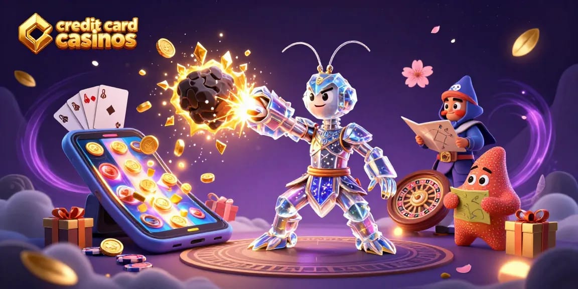 Experience the action at credit card casinos with vibrant characters and game elements in a lively scene.