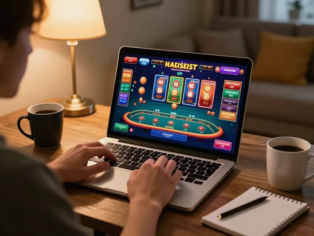 Engaged player exploring open88 com online casino experience from home, utilizing a laptop for immersive gaming.