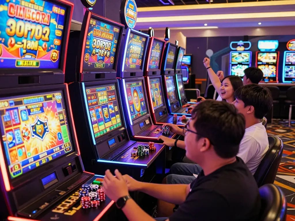Situs slot gacor lively gaming atmosphere with players enjoying colorful online slot machines and cheering