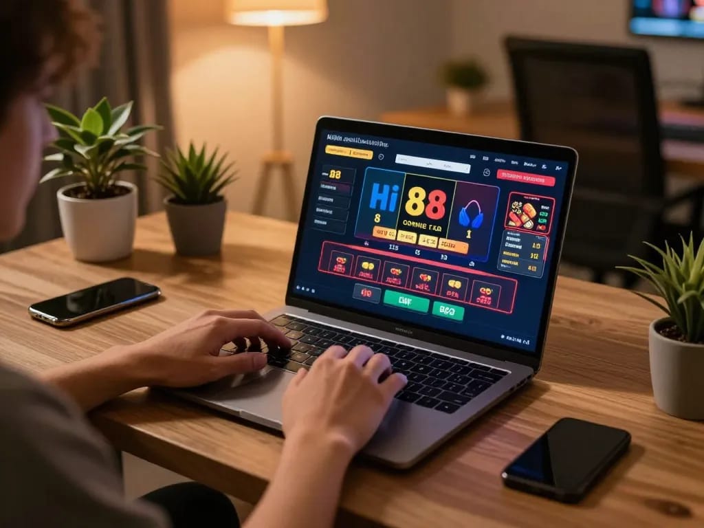 Engaging player enjoying hi 88 online casino experience from a cozy home setup