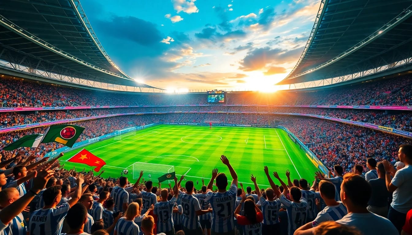 Experience Xem Bóng Socolive with an exhilarating scene of a packed soccer stadium alive with cheering fans.