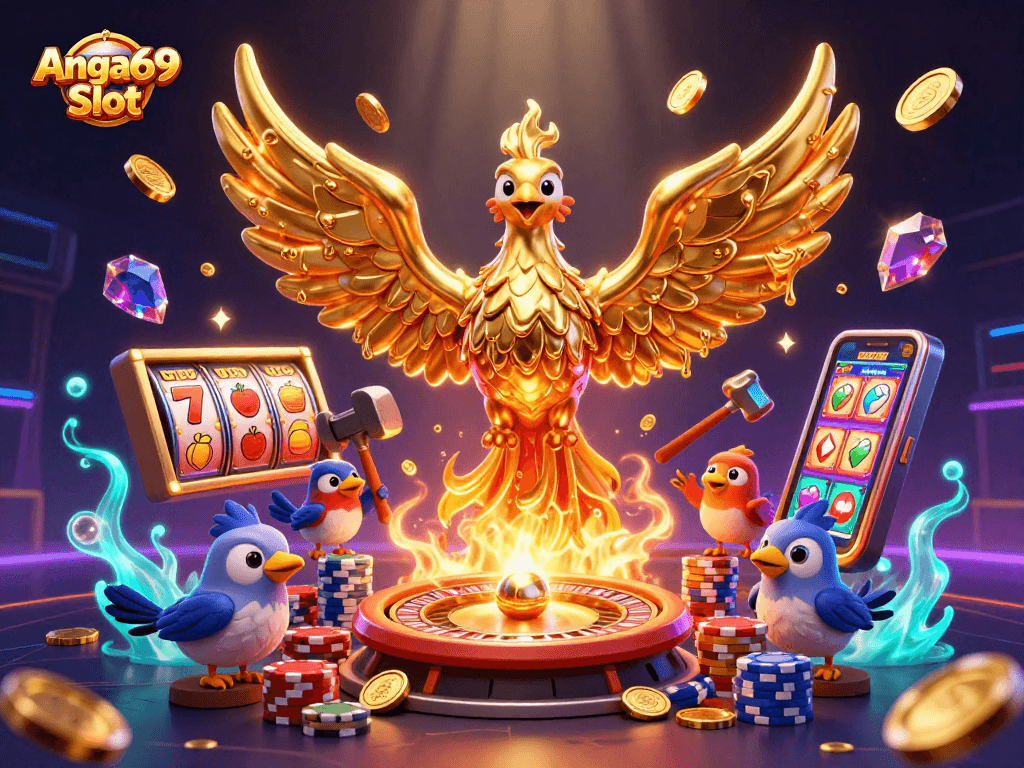 Experience the thrill of Angka69 Slot with a vibrant 3D phoenix and dynamic gaming elements.