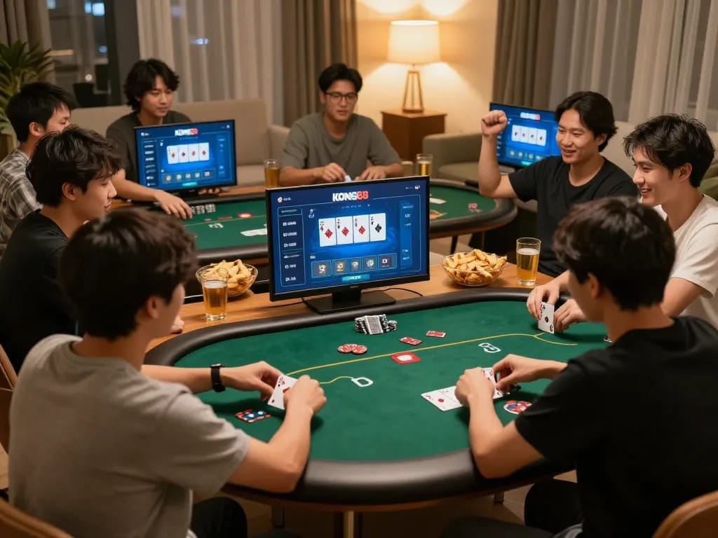 KONG88 players enjoying an online poker game at home, celebrating wins with snacks and drinks.
