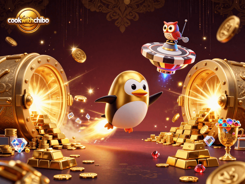 Win big with cookwithchibo as the rocket-powered penguin flies towards the jackpot!