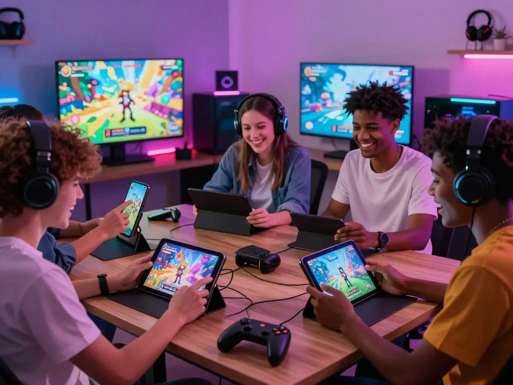 Engaged players exploring porngames on devices in a vibrant gaming environment