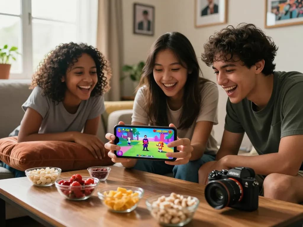 Friends enjoying mobile porn games together in a cozy living room setting.