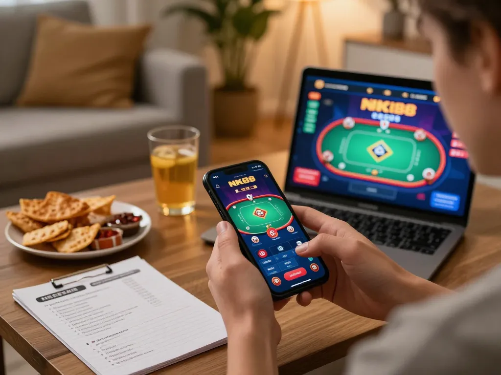 Engaging with the NK88 COM casino app on a smartphone while enjoying snacks in a cozy environment