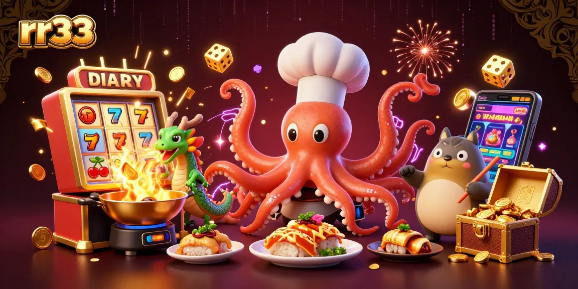 Experience thrilling gameplay at rr33 with a vibrant casino scene featuring an octopus chef and dynamic slot machines.