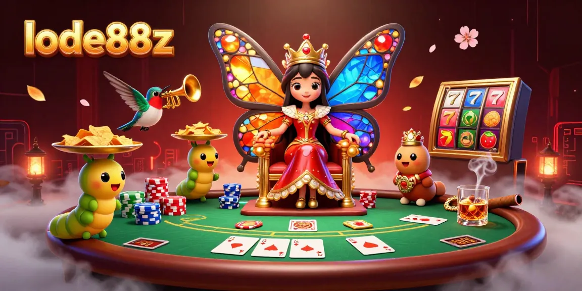 Captivate with lode88z's stunning illustration showcasing a vibrant poker scene dominated by a butterfly queen.