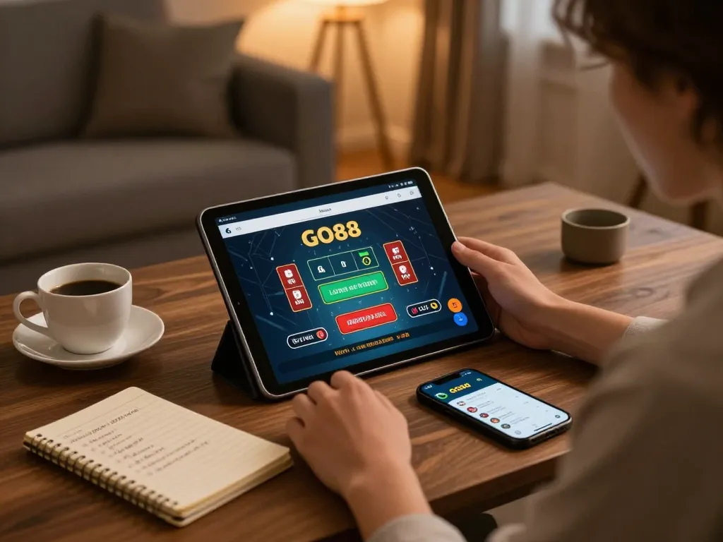 Experience live gaming with GO88 on a tablet in a cozy home setting, enhancing online casino fun.