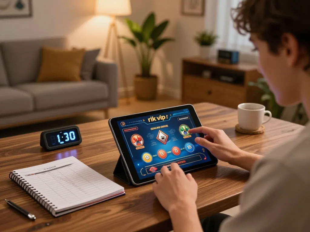 Player engaging with rik vip online casino games on tablet in a cozy home setting.