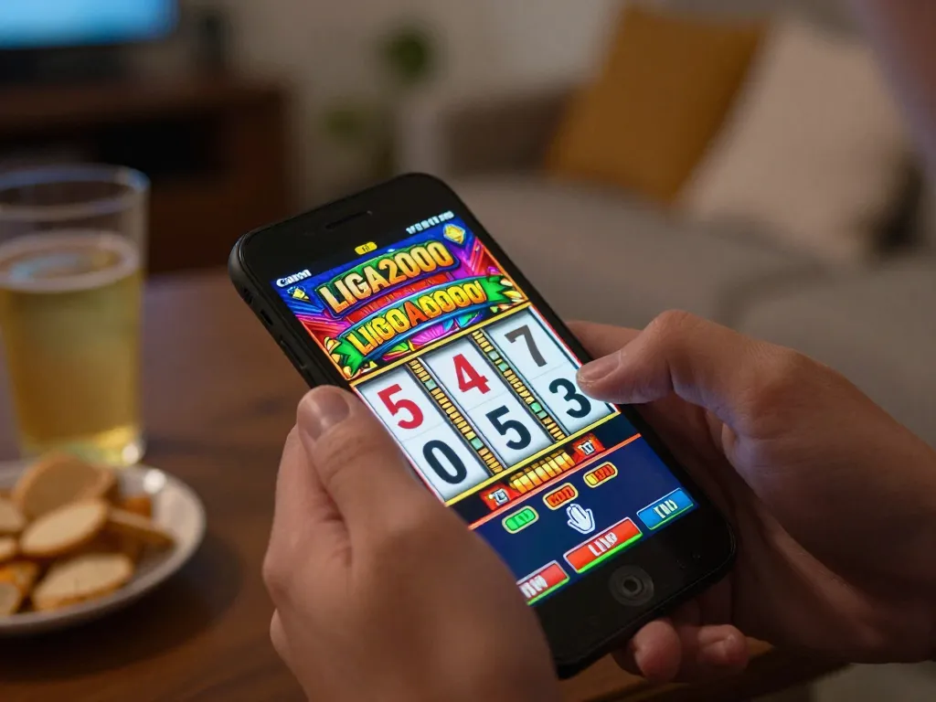 Engaging player spinning reels on LIGA2000 mobile slot game, vibrant graphics and cozy atmosphere.