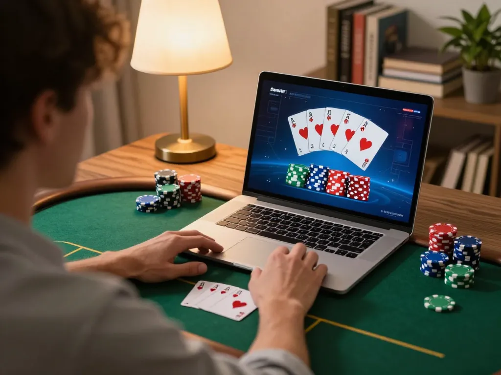 Player using Sunwin for online poker, showcasing strategic gaming in a cozy home setting.