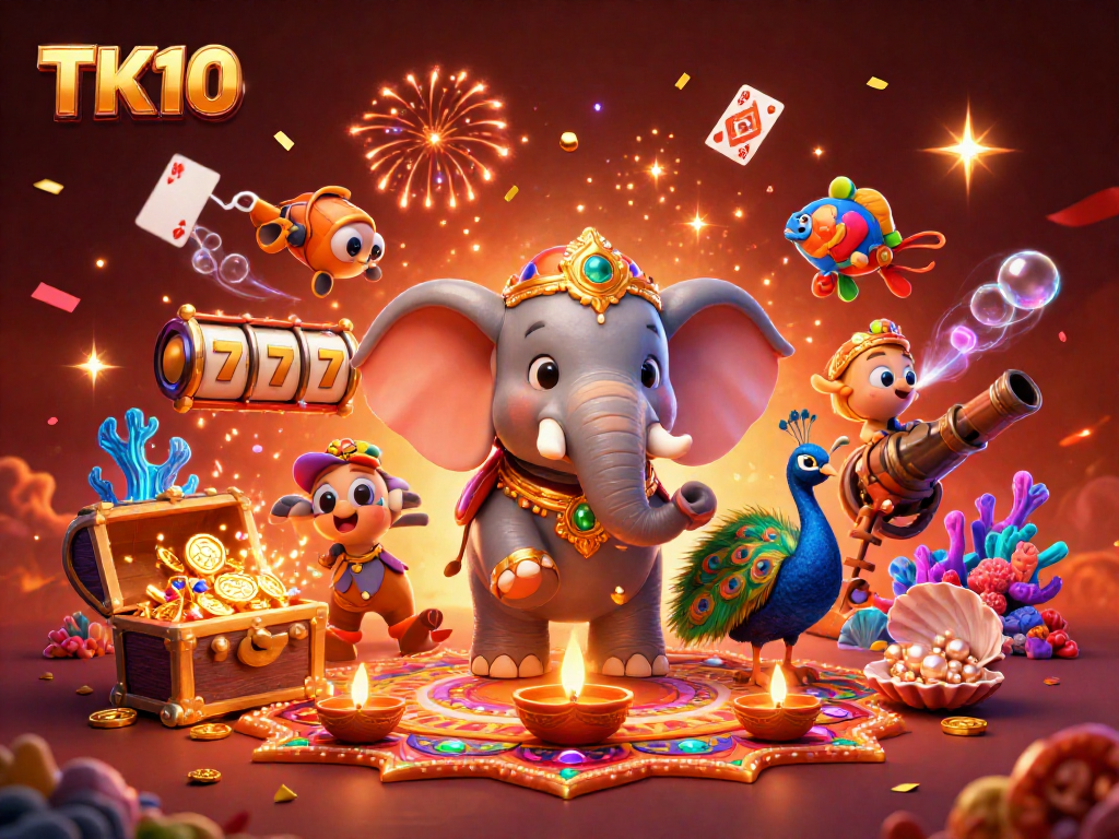Bet on TK10 with a vibrant 3D casino scene showcasing exciting gaming elements and colorful characters.