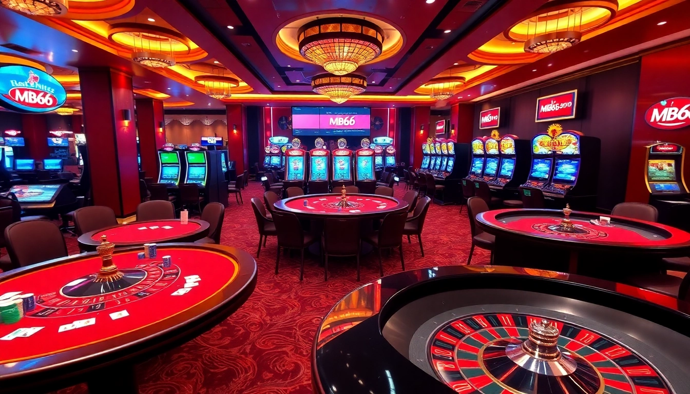 Engaging scene of MB66 online gambling, featuring vibrant casino elements and an exciting atmosphere.