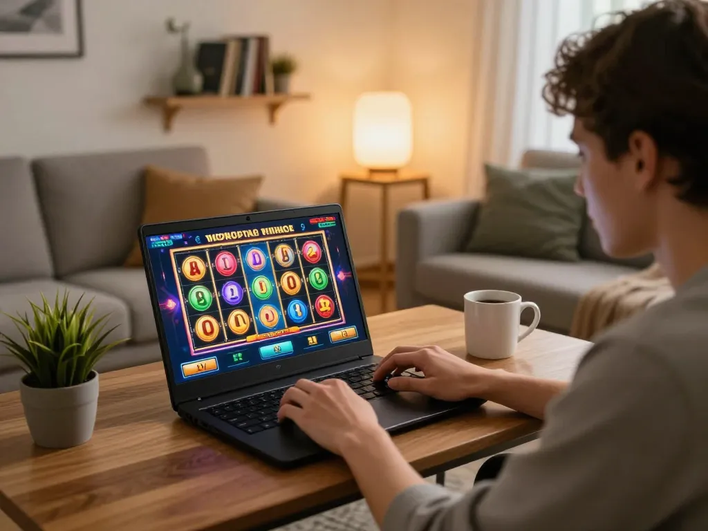 Situs ulat123 player engaging in online slots from a cozy home setup.