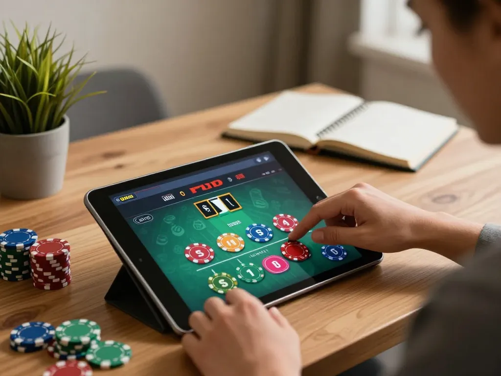 Player engaging in online poker game using RR88 app on tablet, focusing on betting strategy.