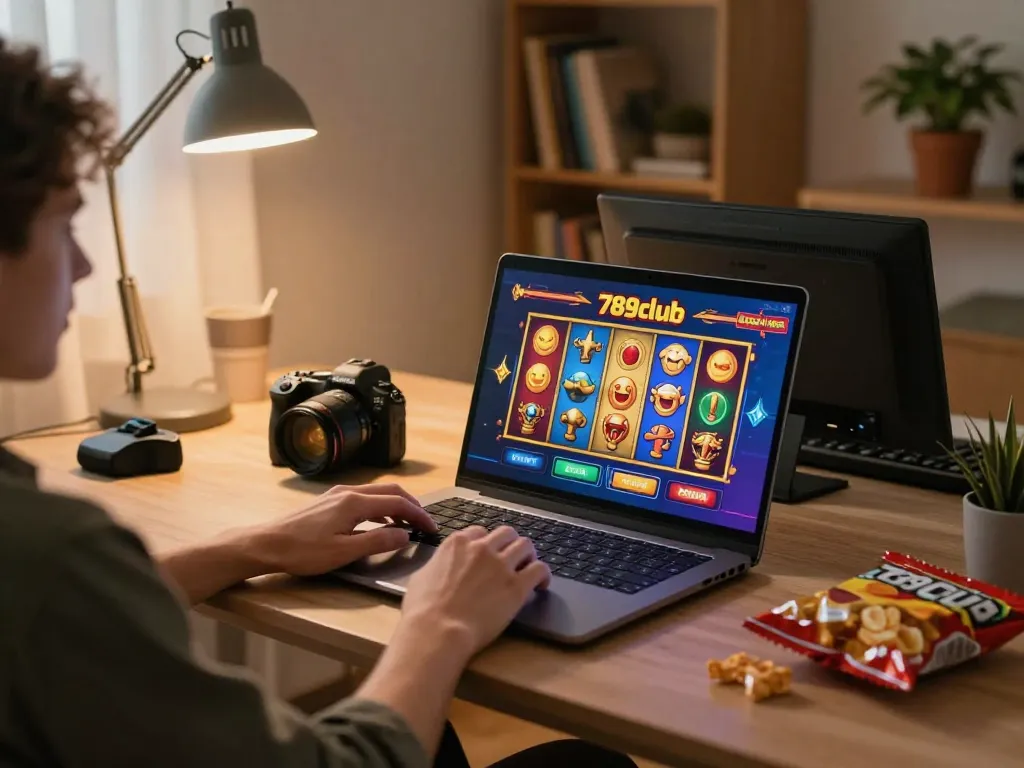 Engaging with 789club online gaming, playing colorful slot games on a laptop while enjoying a comfortable setup