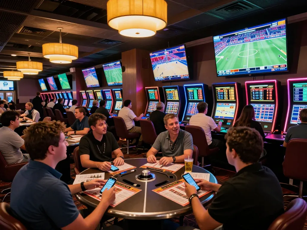 Sports enthusiasts placing bets at God55vn sports lounge with dynamic screens showing live events.