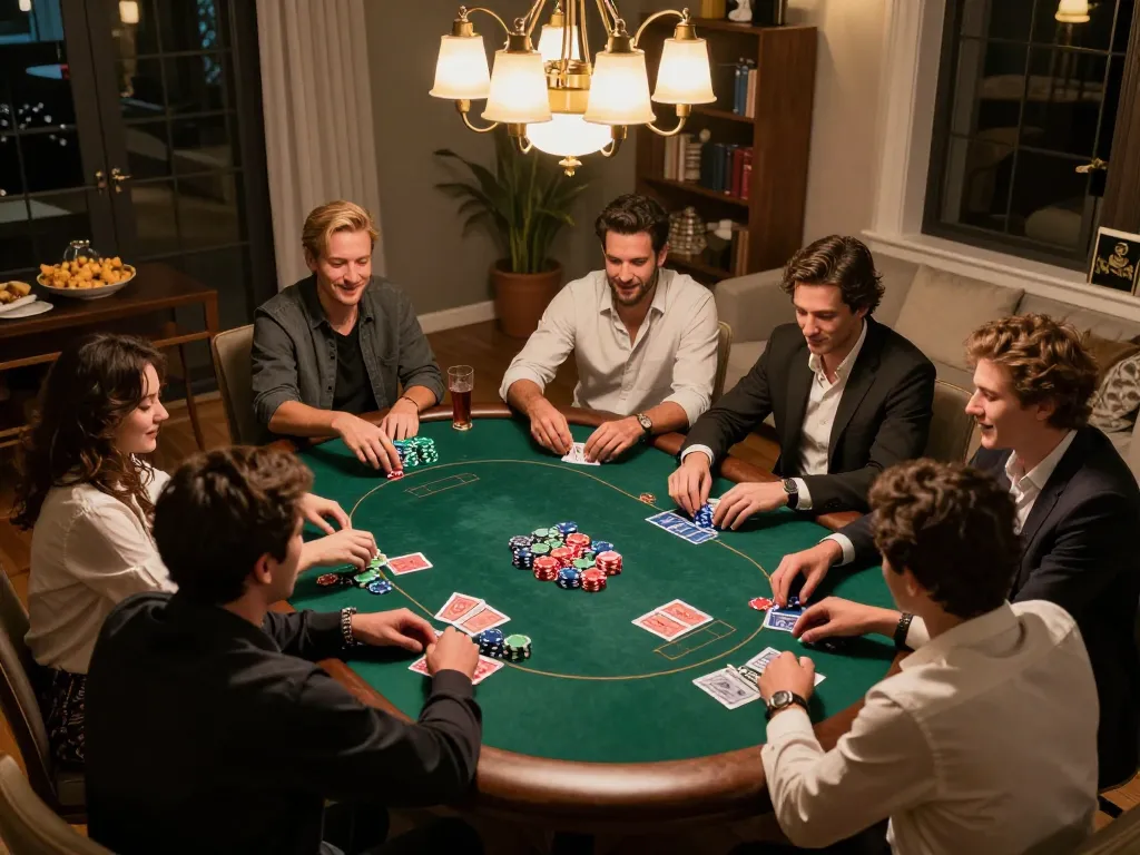 Friends enjoy a lively poker game at home, showcasing the excitement of rikvip gaming.