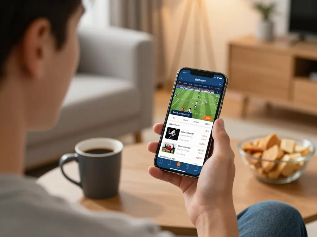 Player engaging in live betting on bk8 app with smartphone at home.