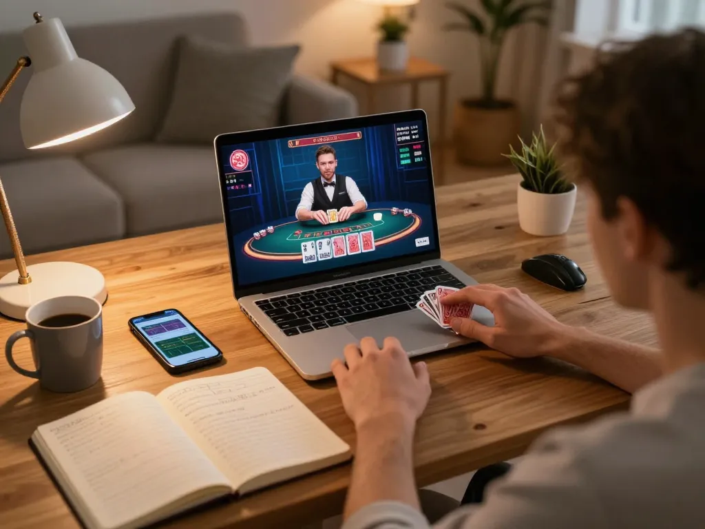 pemain dragon77 terlibat dalam permainan blackjack langsung di rumah, menunjukkan strategi taruhan dan fokus.