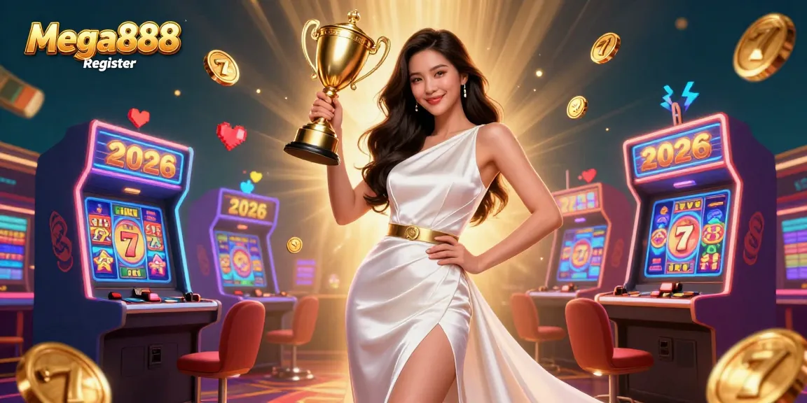 Mega888 Register illustration showcasing vibrant slot gaming with a victorious Asian woman holding a trophy in a dynamic casino setting.