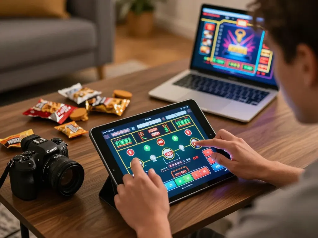 Engaged player using app kp88 for online gambling in a cozy living room setting.