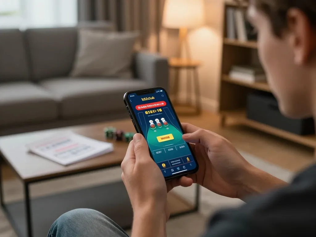 Player enjoying mobile gaming with the b52club app in a cozy home setup, engaged in live dealer action.