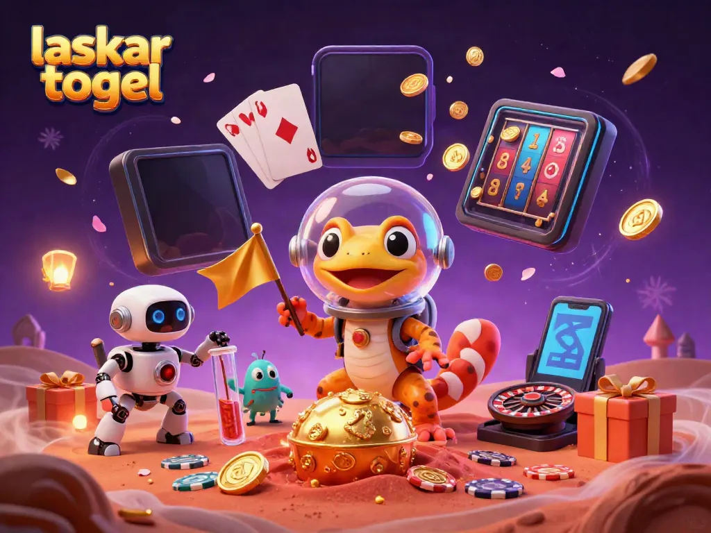 Engage in laskar togel with a Martian gecko uncovering a golden casino in vibrant 3D style.