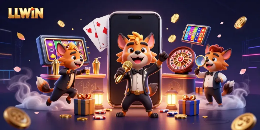 LLWIN showcases a dynamic comedy casino scene with hyenas, featuring vibrant gambling elements.