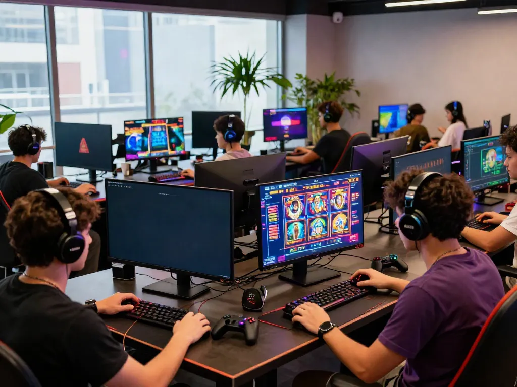 Engaging gaming community enjoying A80 platform's diverse game selection in a modern lounge.