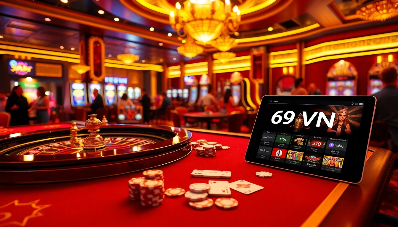 Experience thrilling gaming action with 69VN at a luxurious casino table filled with chips and cards.
