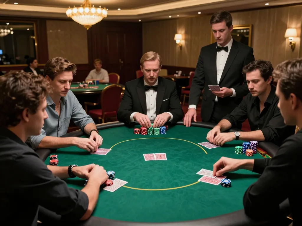 Players engage in a strategic poker game at TG88's upscale casino, showcasing intense gameplay and vibrant chip stacks.