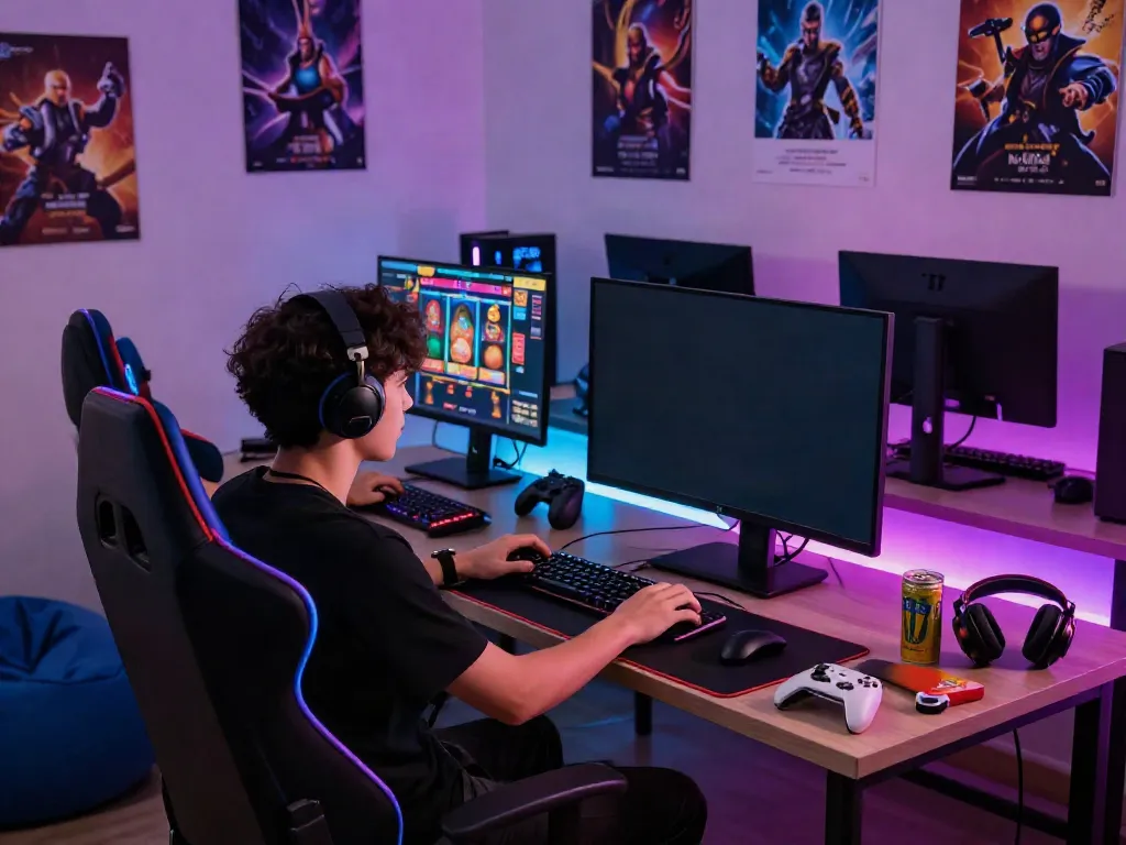 Gamer immersed in online slot games, akunjp setup with gaming gear