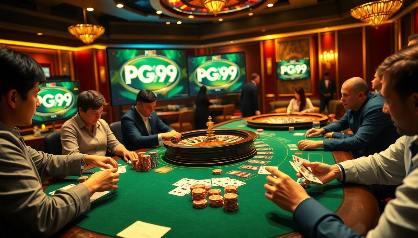 Engaging scene of gamblers at a casino table using PG99 code for online gaming excitement.