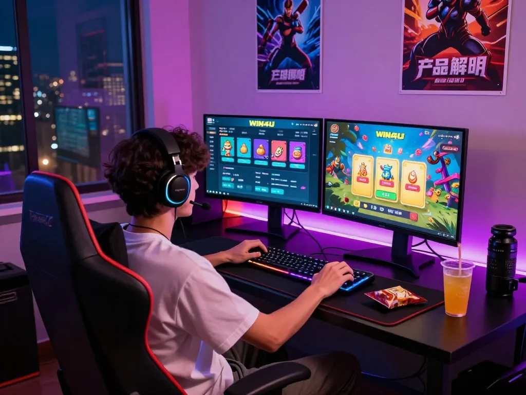 Exciting gaming atmosphere with a player exploring W4U rewards and bonuses on multiple screens.