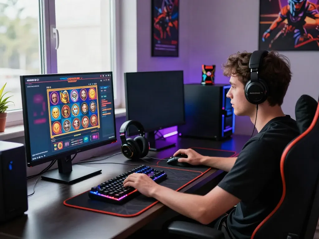 Engaged gamer enjoying the akunjp online gaming experience at a modern gaming desk.