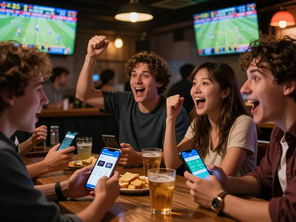 Friends placing bets using link 789win at a lively sports bar, showcasing excitement and betting engagement.