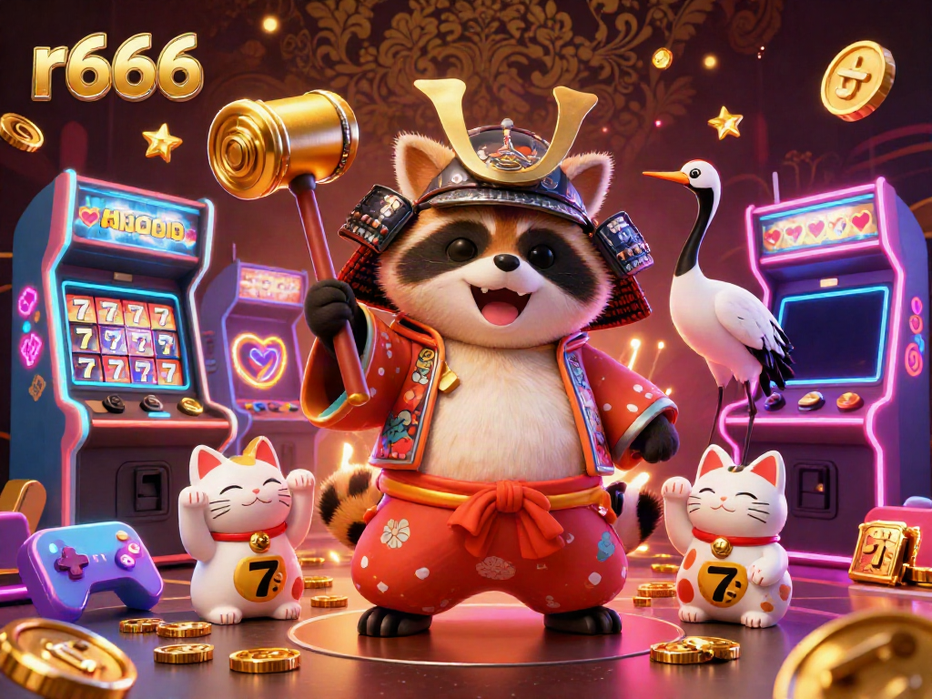Experience dynamic slot gaming at r666 with a colorful 3D illustration featuring a tanuki, crane, and lucky cats.