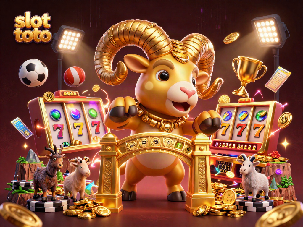 Experience the thrill of slot toto with a dynamic illustration featuring a golden ram charging through a luxurious casino.