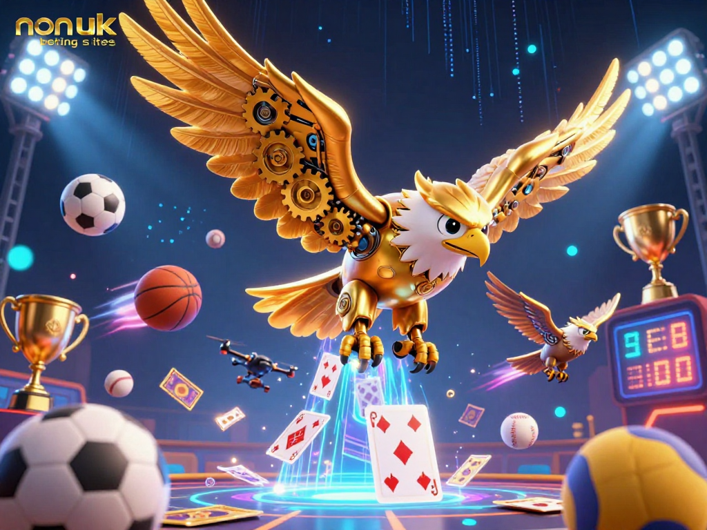 The 3D illustration showcases non uk betting sites with a cybernetic eagle, holographic cards, and dynamic sports elements.