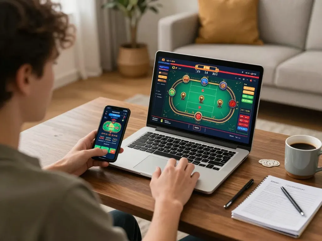 Player enjoying a poker game on Rikvip with a laptop and smartphone in a cozy home environment.