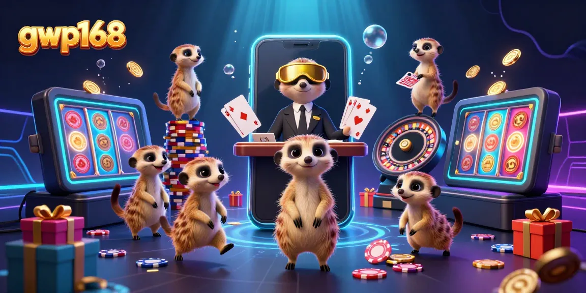 GWP168 kasino online dengan meerkat beroperasi sebagai dealer dan pit boss, menampilkan pengalaman permainan interaktif.