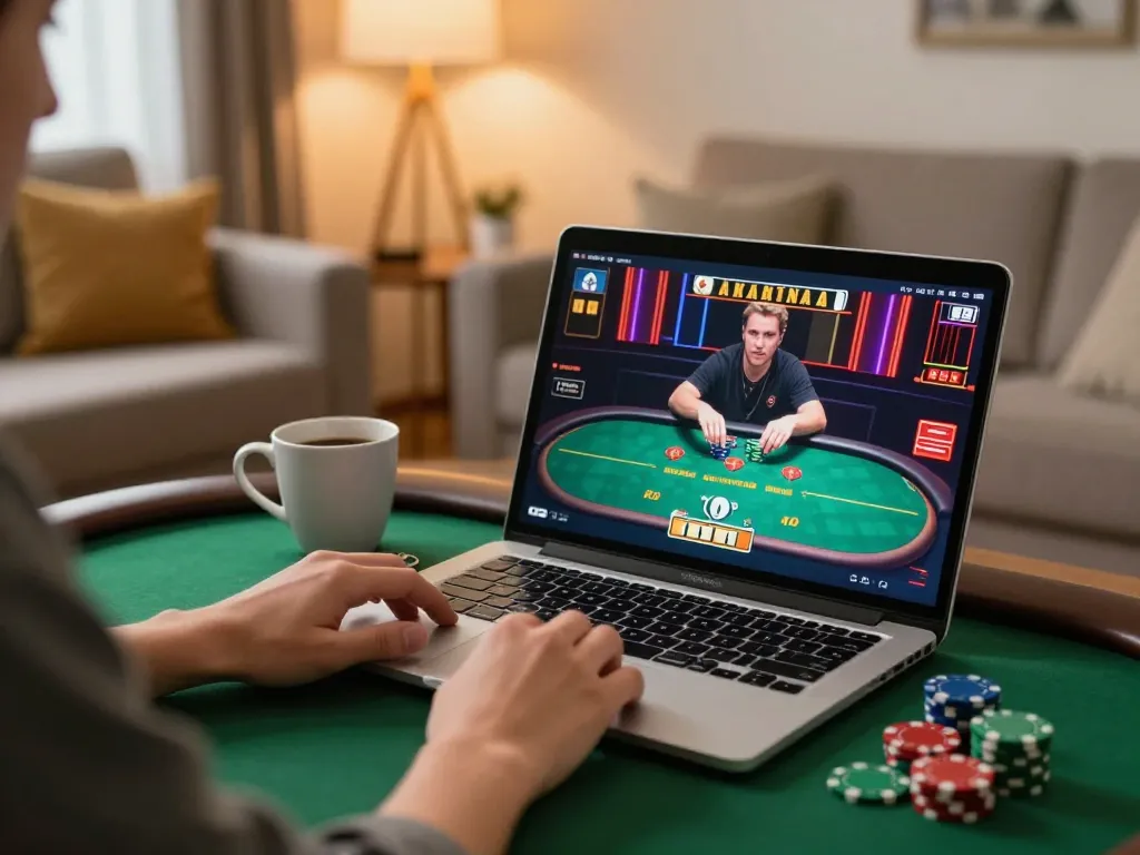 Player enjoying a live dealer poker game on 789F from the comfort of home, engaging in strategic gameplay.